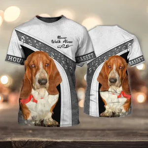 3D Dog T Shirts, Basset Hound White Love Never Walk Alone All Over Print T-Shirt, Gift For Pet Loves