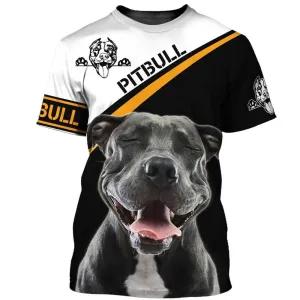 3D Dog T Shirts, Black Funny Pitbull All Over Print T-Shirt, Gift For Pet Loves