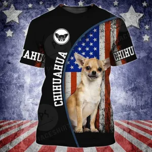 3D Dog T Shirts, Chihuahua And America Flag All Over Print T-Shirt, Gift For Pet Loves