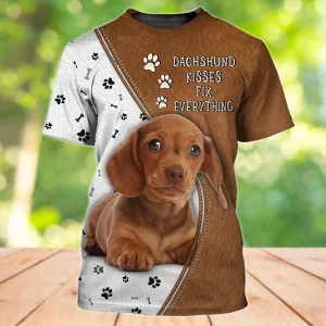 3D Dog T Shirts, Dachshund Kisses Fix Everything browns White All Over Print T-Shirt, Gift For Pet Loves