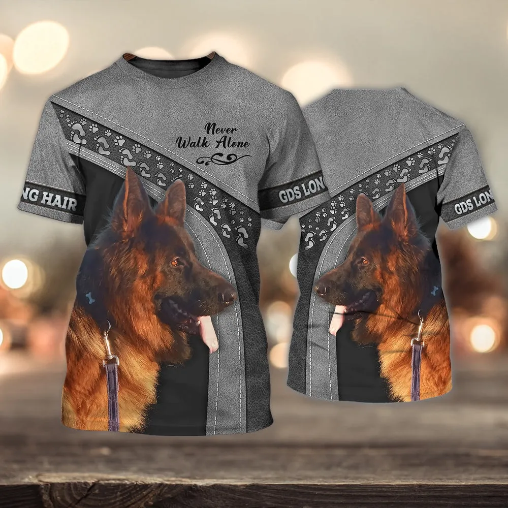 3D Dog T Shirts, Gds Long Hair Love Never Walk Alone All Over Print T-Shirt, Gift For Pet Loves