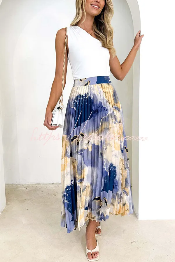 Abstract Art Paint Print Stretch Waist Pleated Skirts