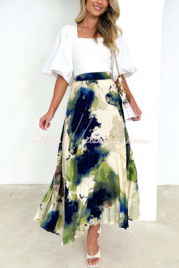 Abstract Art Paint Print Stretch Waist Pleated Skirts