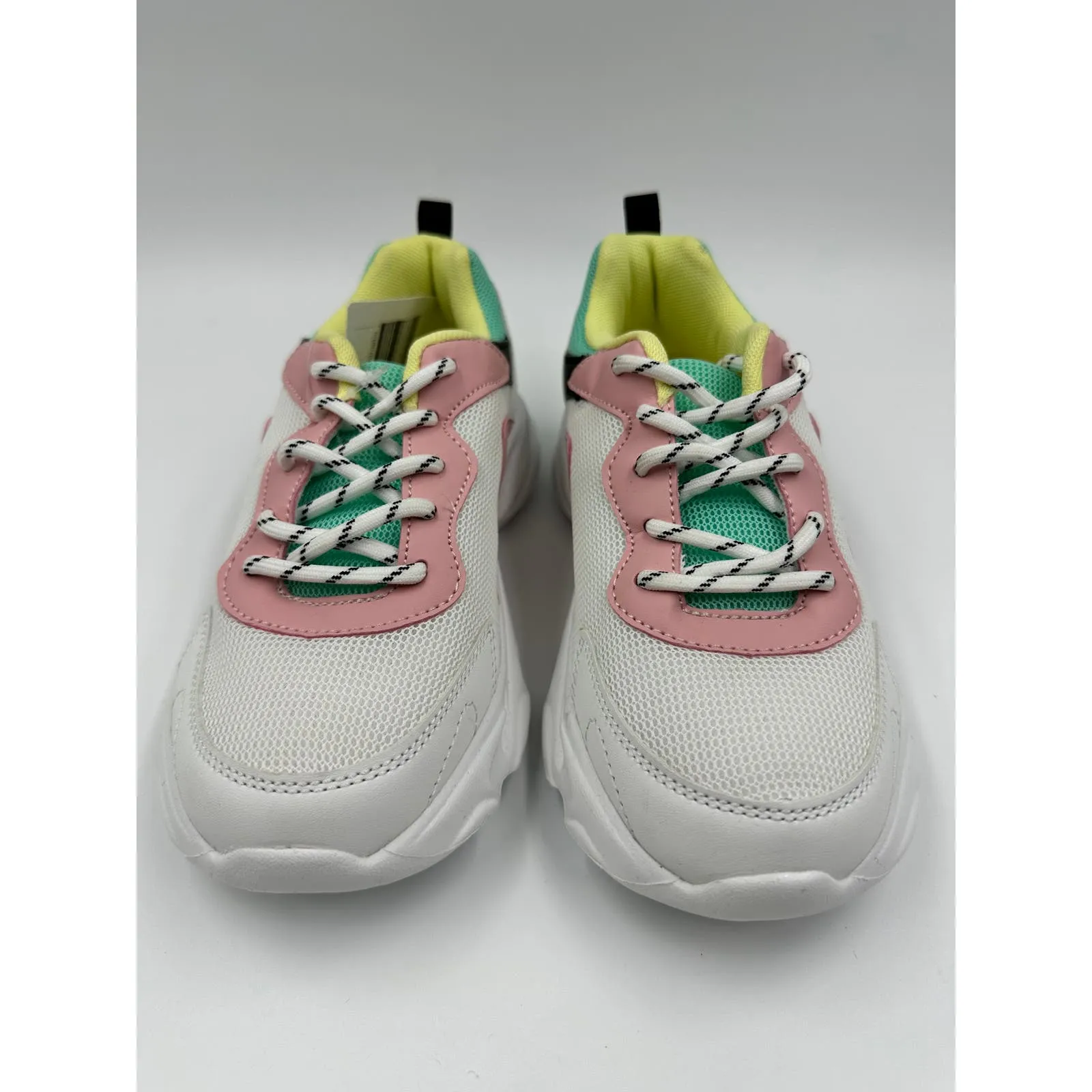 Big Kid Size 2 White Sneakers, with Black, Teal, Pink and Yellow Accents