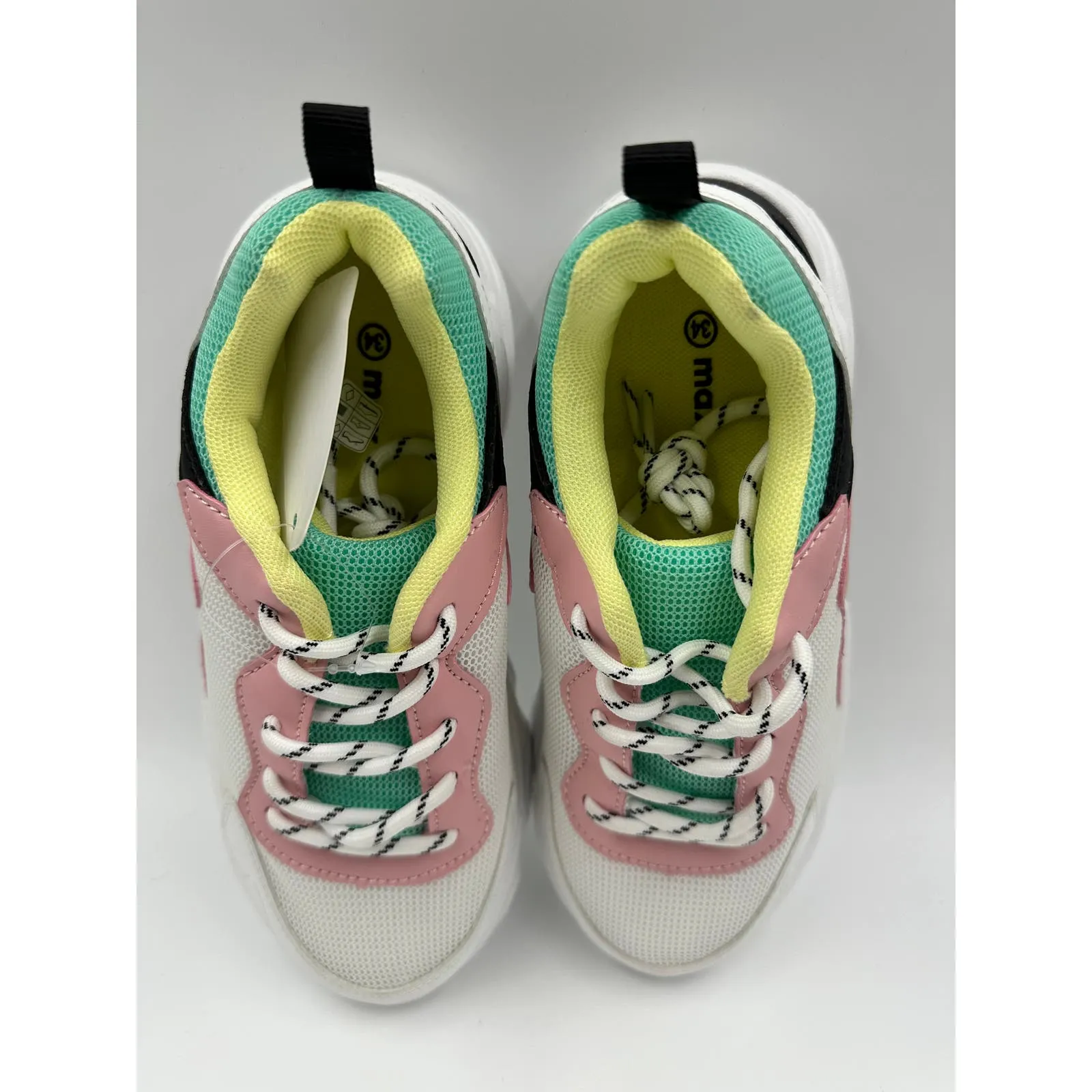 Big Kid Size 2 White Sneakers, with Black, Teal, Pink and Yellow Accents