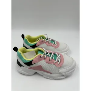 Big Kid Size 2 White Sneakers, with Black, Teal, Pink and Yellow Accents