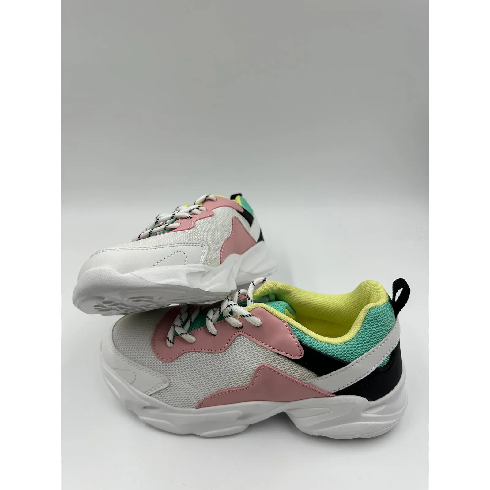 Big Kid Size 2 White Sneakers, with Black, Teal, Pink and Yellow Accents