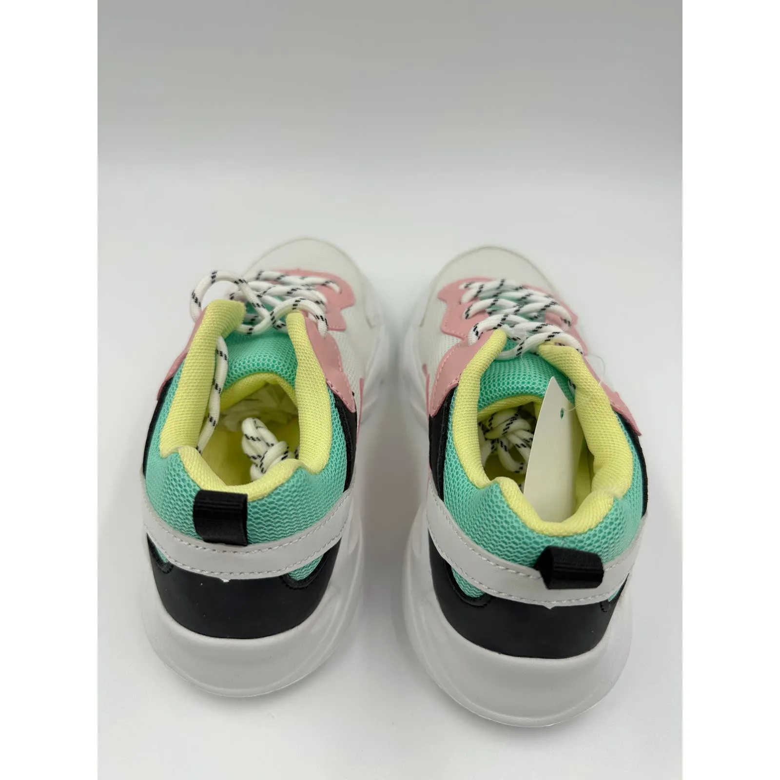 Big Kid Size 2 White Sneakers, with Black, Teal, Pink and Yellow Accents