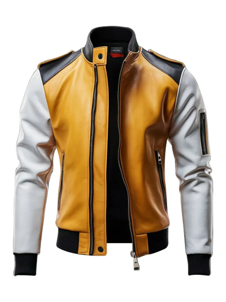 Bold Tri-Tone Leather Biker Jacket For Men