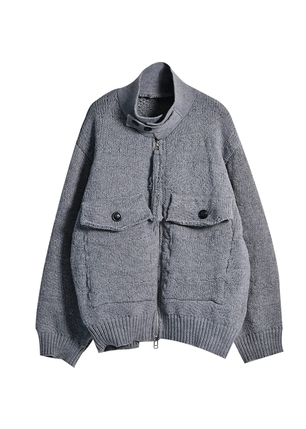 Brief Grey Stand Collar Zippered Button Cotton Knit Sweaters Coats Fall