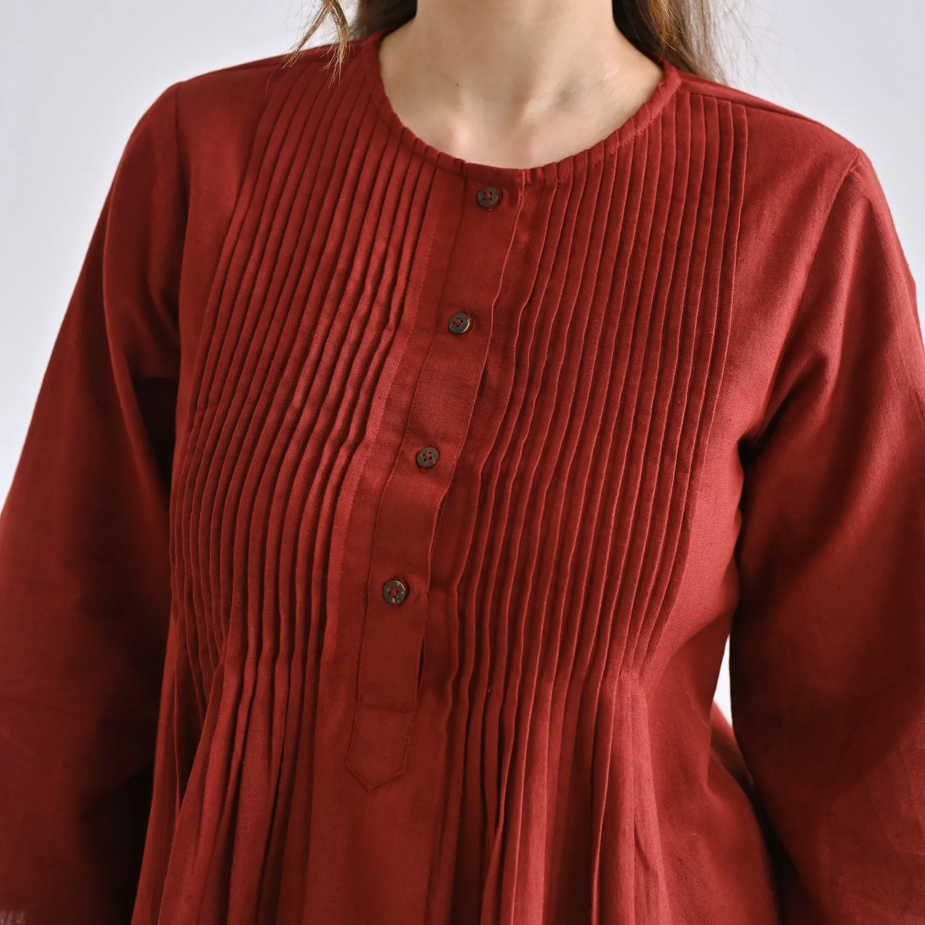 Brown Linen Cotton Tunic with Pintuck Detail