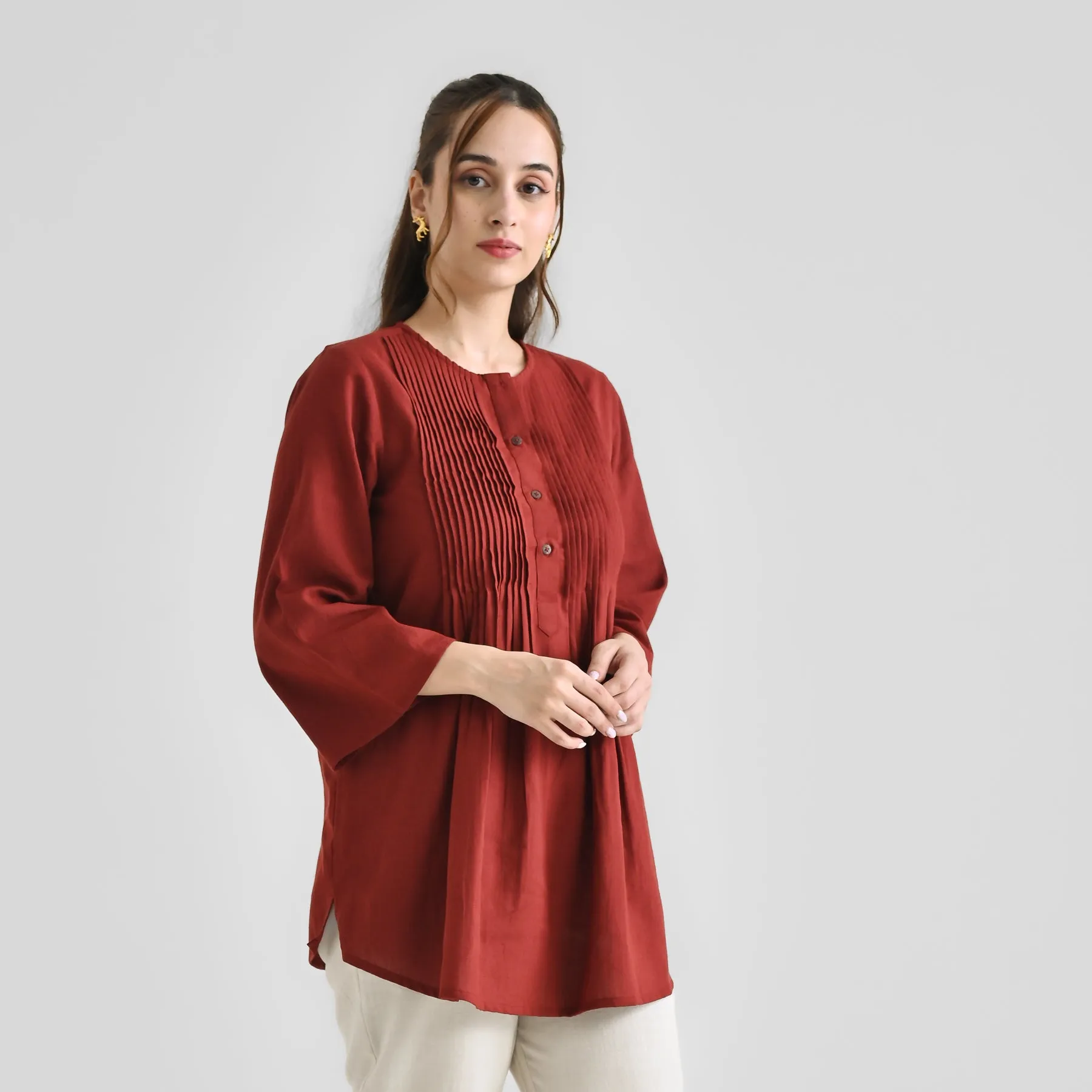 Brown Linen Cotton Tunic with Pintuck Detail