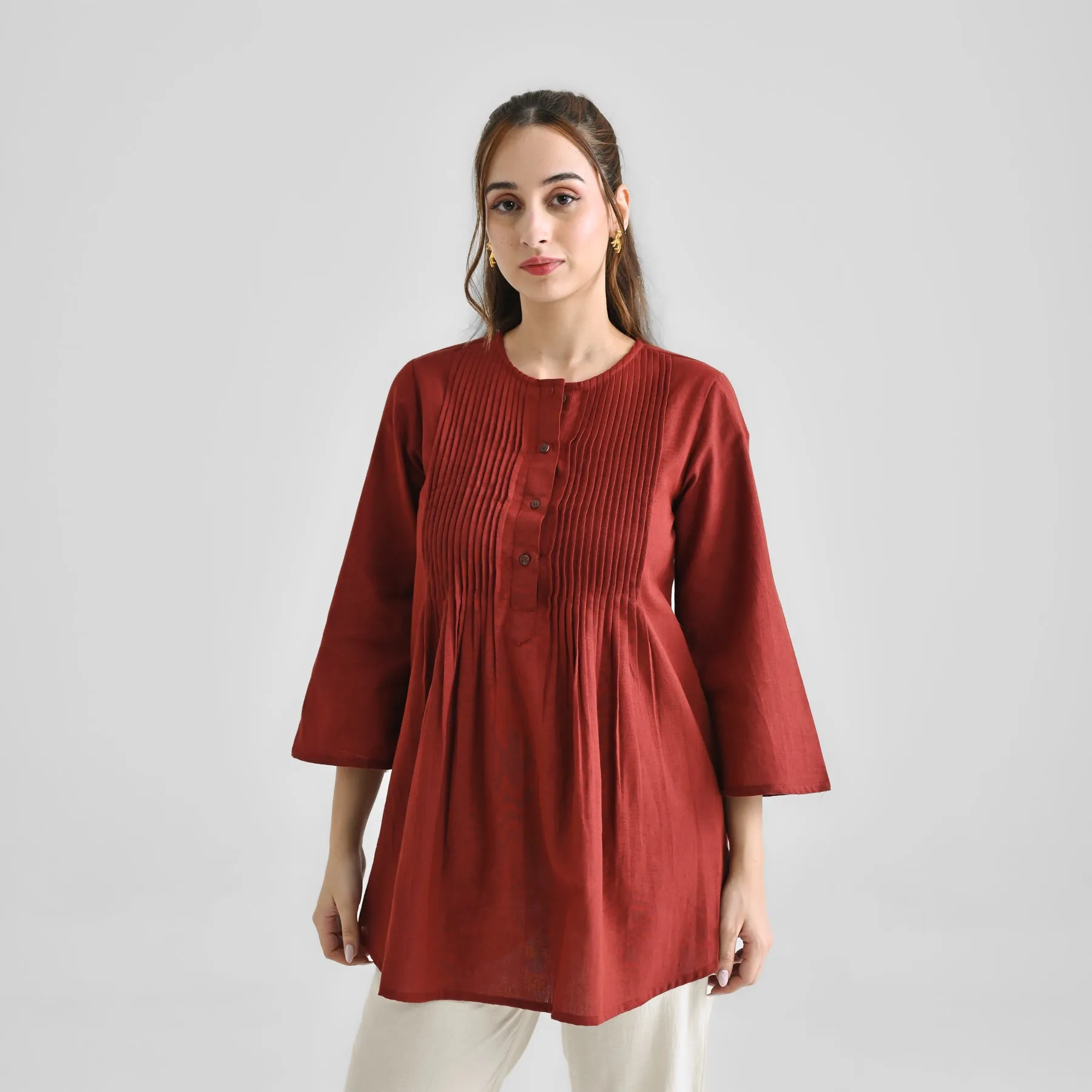 Brown Linen Cotton Tunic with Pintuck Detail