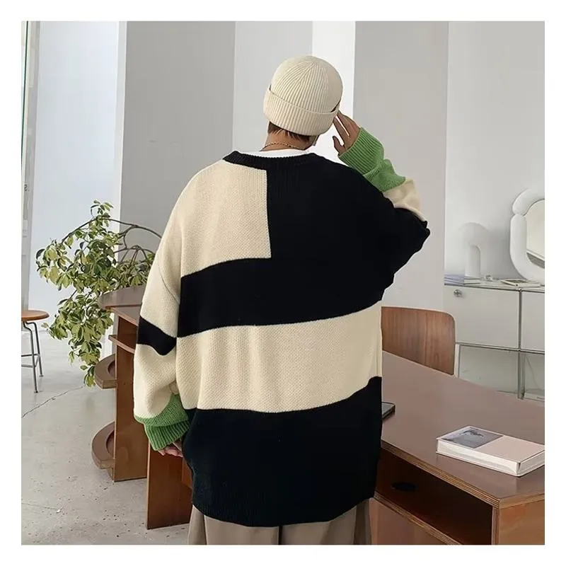 Colo-Blocking Retro Round Neck Loose-Fit Knitted Sweater