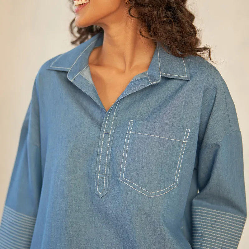 Cotton Denim Blue Top for Women | High-Low Hem