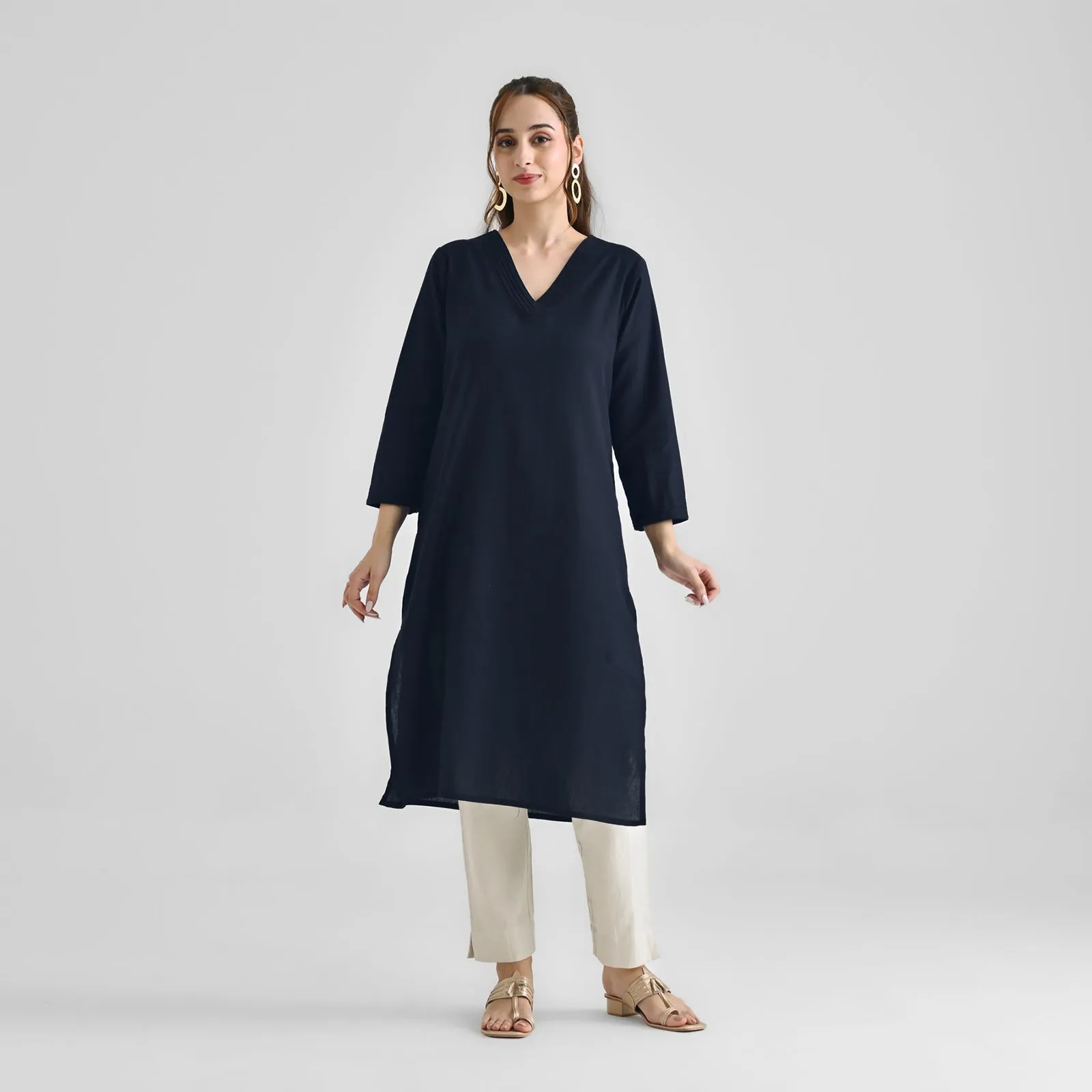 Dark Navy V Neck Linen Cotton Kurta