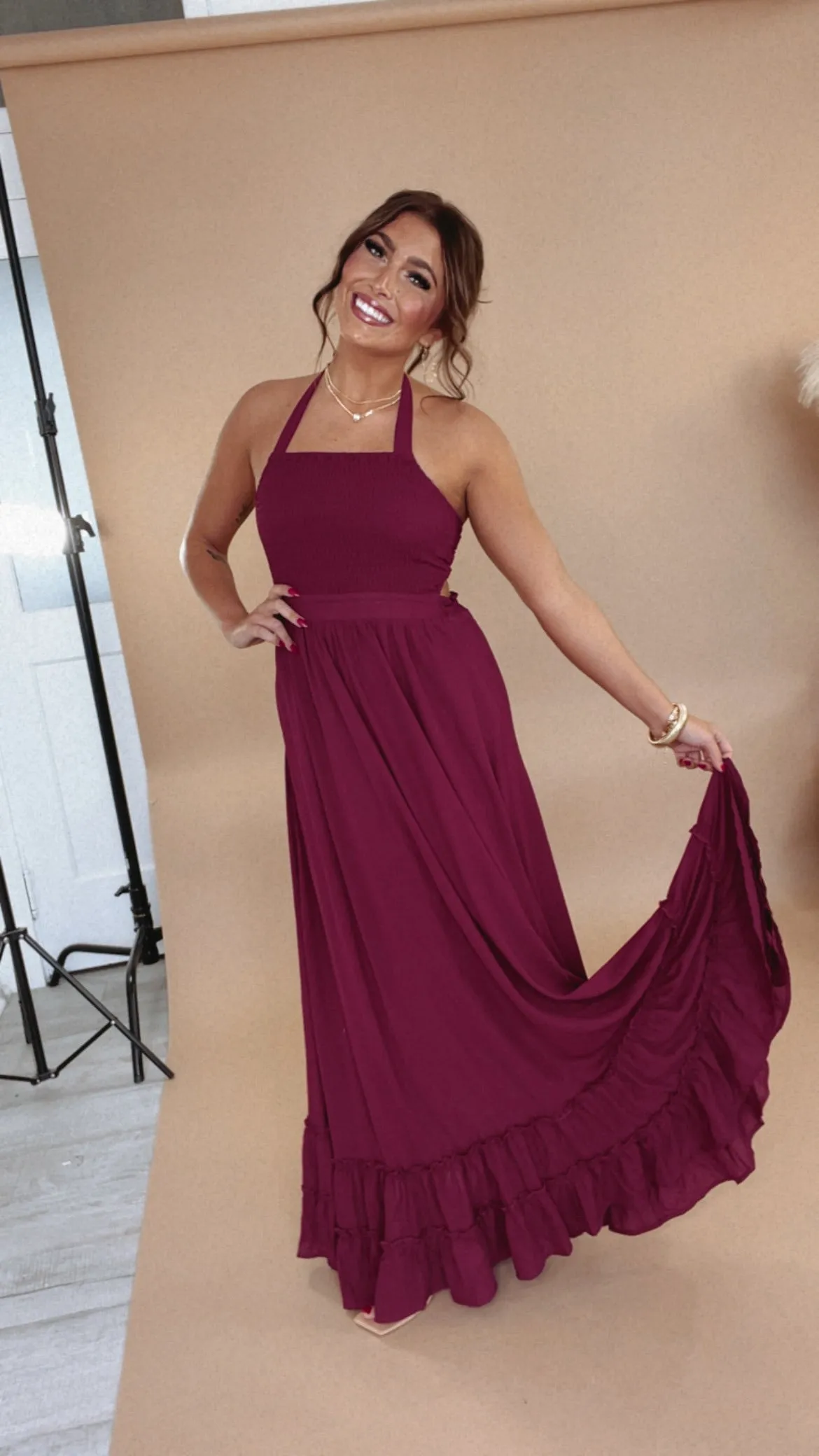 ECB Exclusive: Between the Lines Maxi Dress, Burgundy