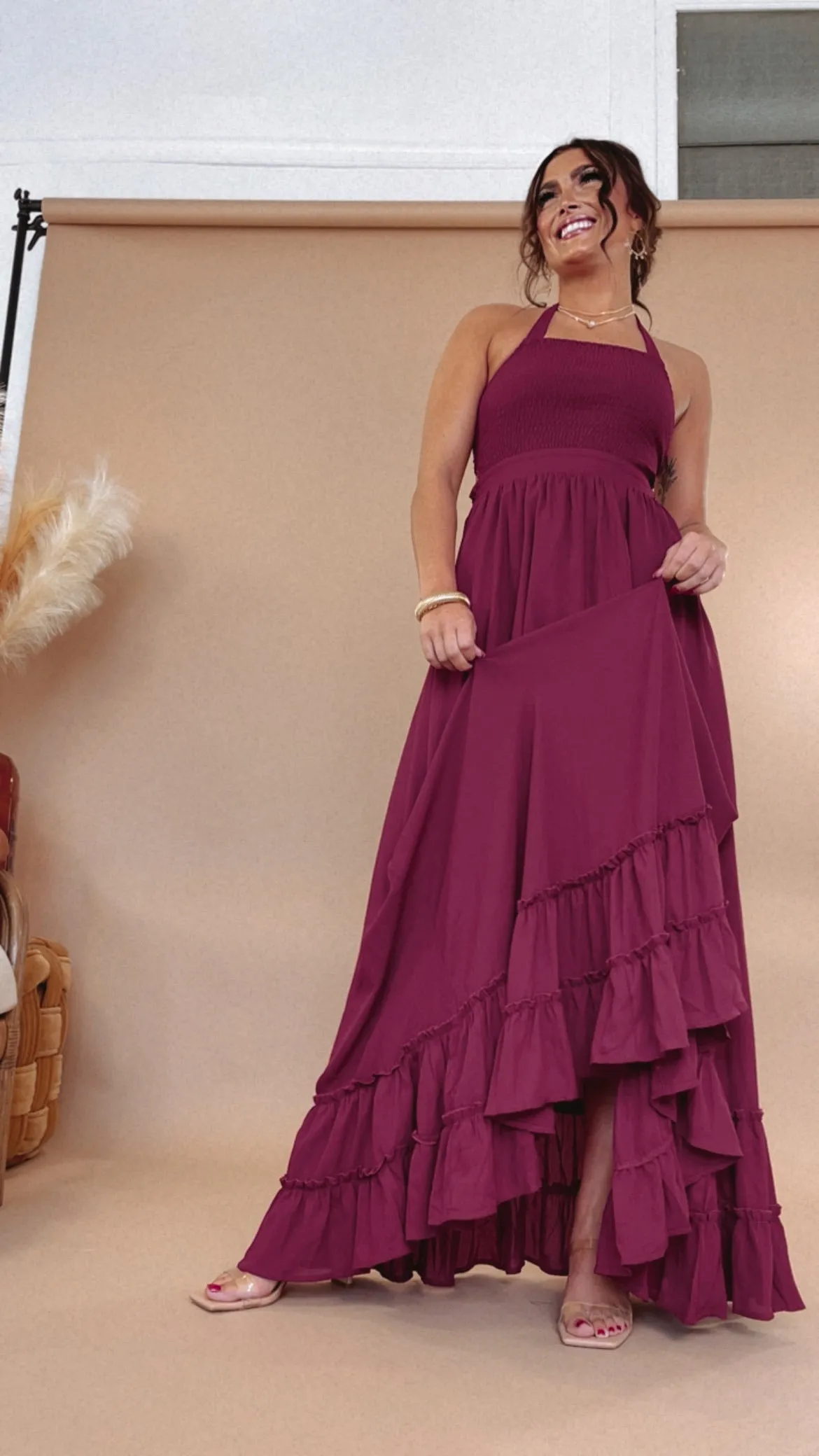 ECB Exclusive: Between the Lines Maxi Dress, Burgundy