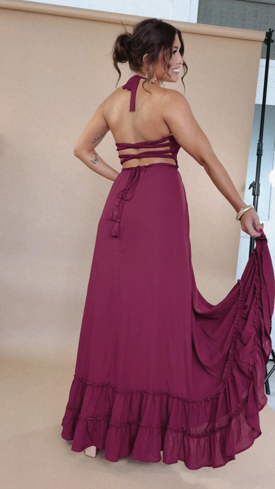 ECB Exclusive: Between the Lines Maxi Dress, Burgundy