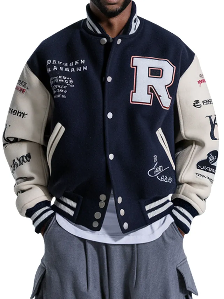 Embroidered Letterman Varsity Jacket With Bold Letter R Design