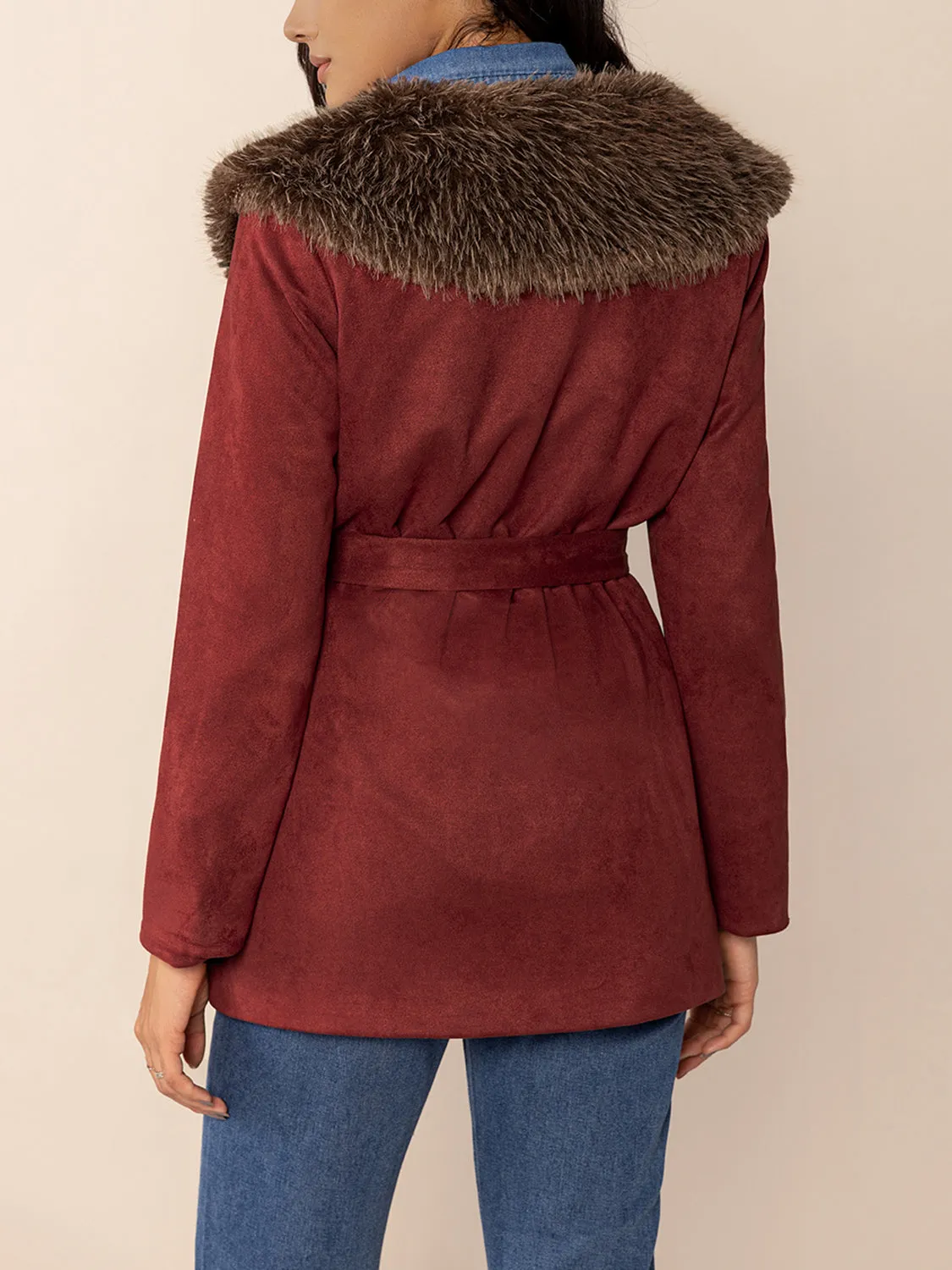 Fuzzy Collared Neck Tie Waist Jacket