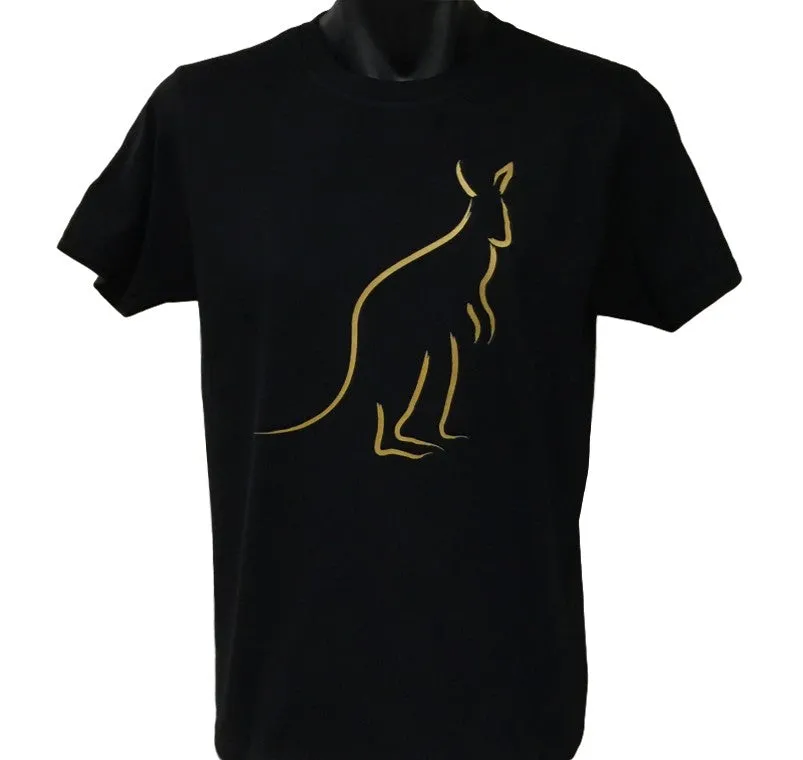 Gold Print Kangaroo Adults T-Shirt (Black)