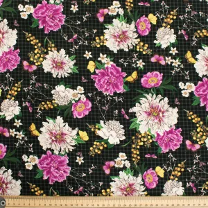 Hoffman California Fabrics Modern Scrapbook Floral On Black Checks Cotton Prints