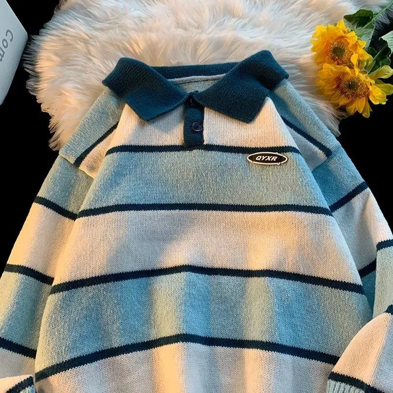 Lapel Retro Loose Fit Plush Stripe Sweater