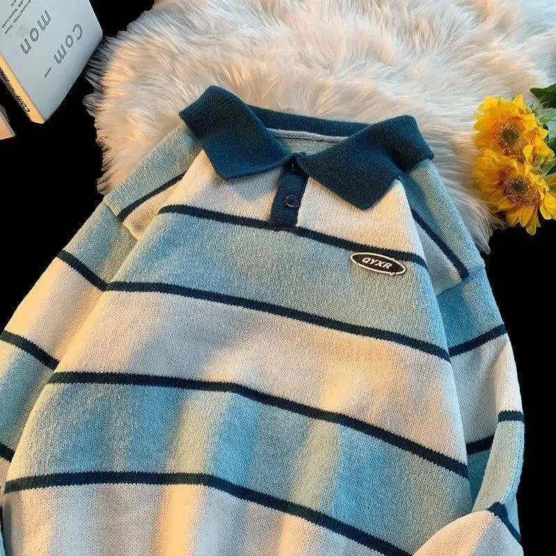 Lapel Retro Loose Fit Plush Stripe Sweater