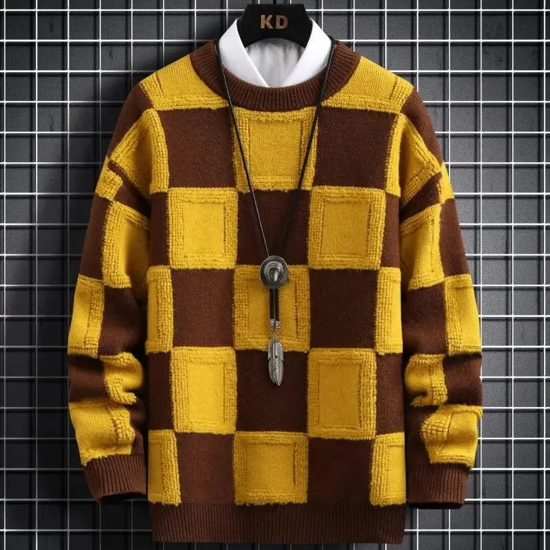 Luxurious Men's Cashmere Sweater with High-Quality Thick Warmth and Stylish Check Pattern