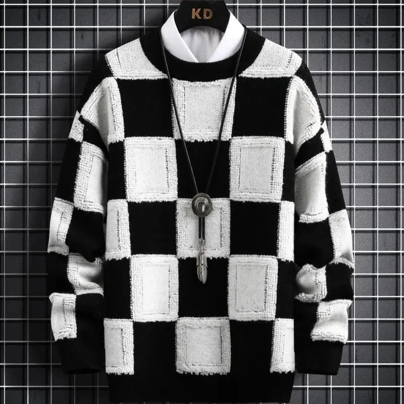 Luxurious Men's Cashmere Sweater with High-Quality Thick Warmth and Stylish Check Pattern