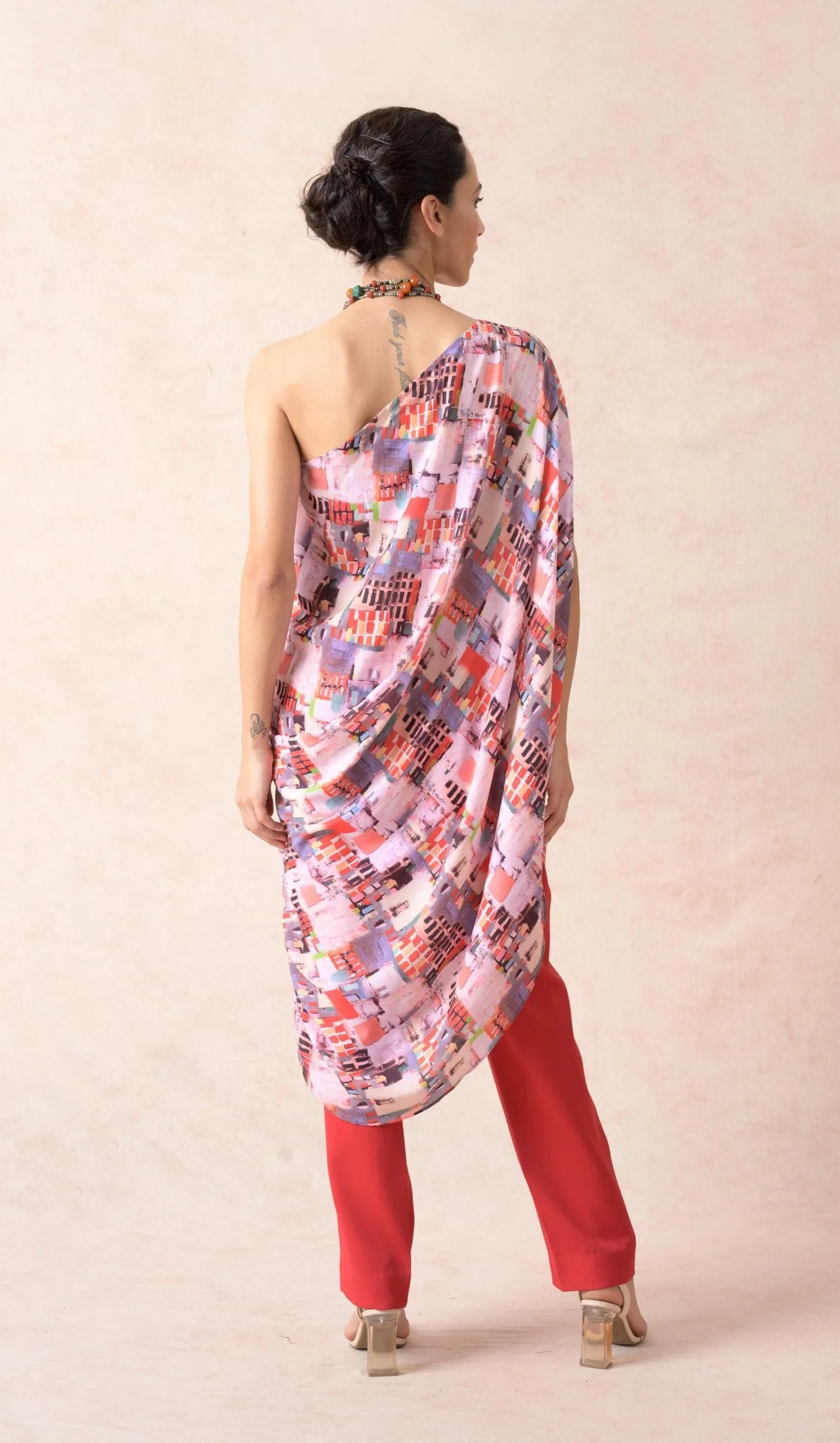 Multicolored abstract print one shoulder cowl tunic with pants