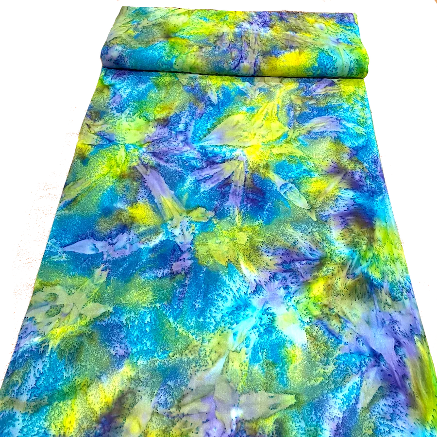 Neon Paradise, Turquoise/Lime Artisan Salt Dye/Tie Dye Rayon Challis from India, By the Yard  #HB-273