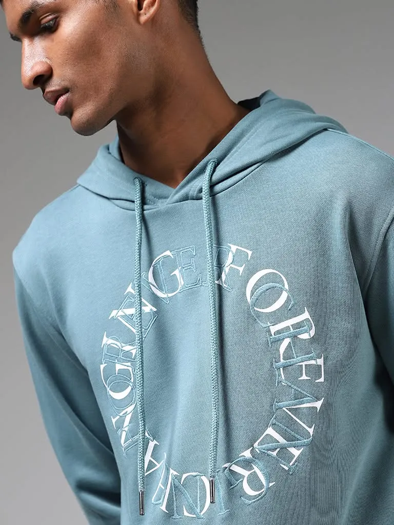 Nuon Teal Typographic Embroidered Relaxed-Fit Hoodie