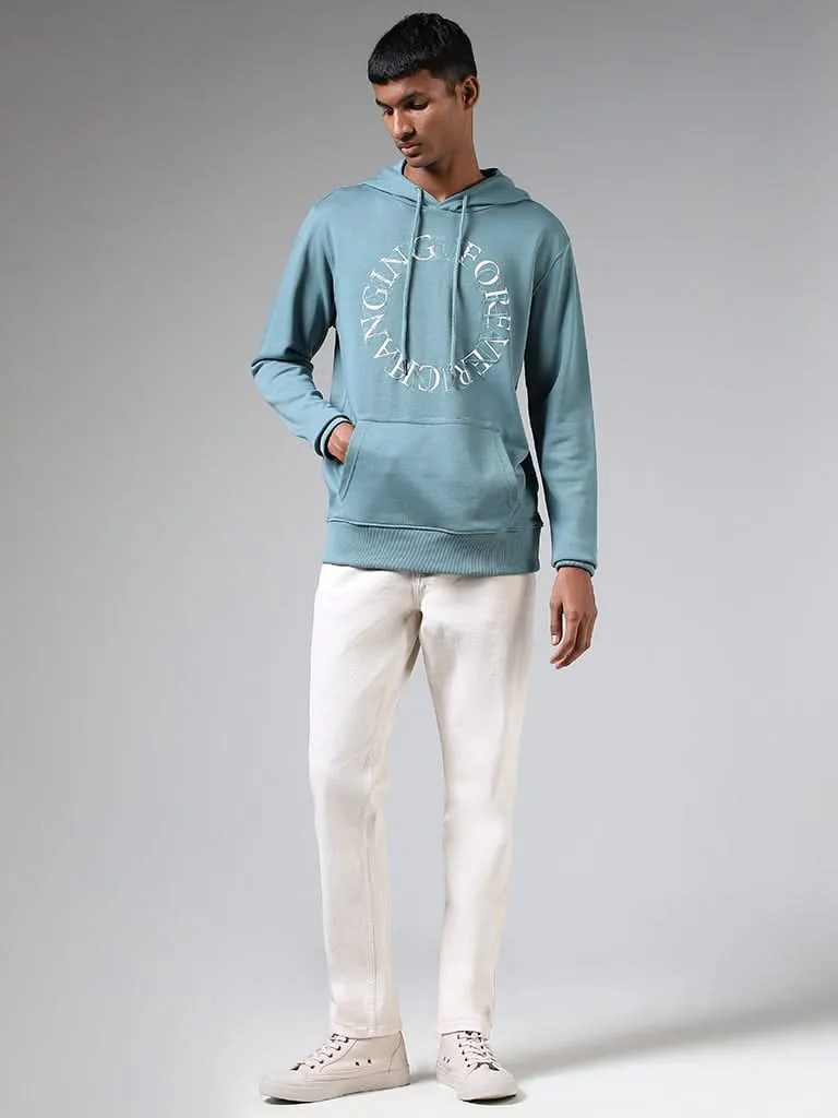 Nuon Teal Typographic Embroidered Relaxed-Fit Hoodie