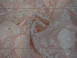 Onion Pink Sequins And Thread Embroidered Chiffon Fabric