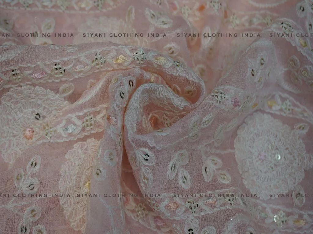 Onion Pink Sequins And Thread Embroidered Chiffon Fabric