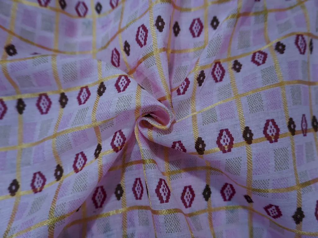 Pink Checks And Foil Print Cotton Fabric