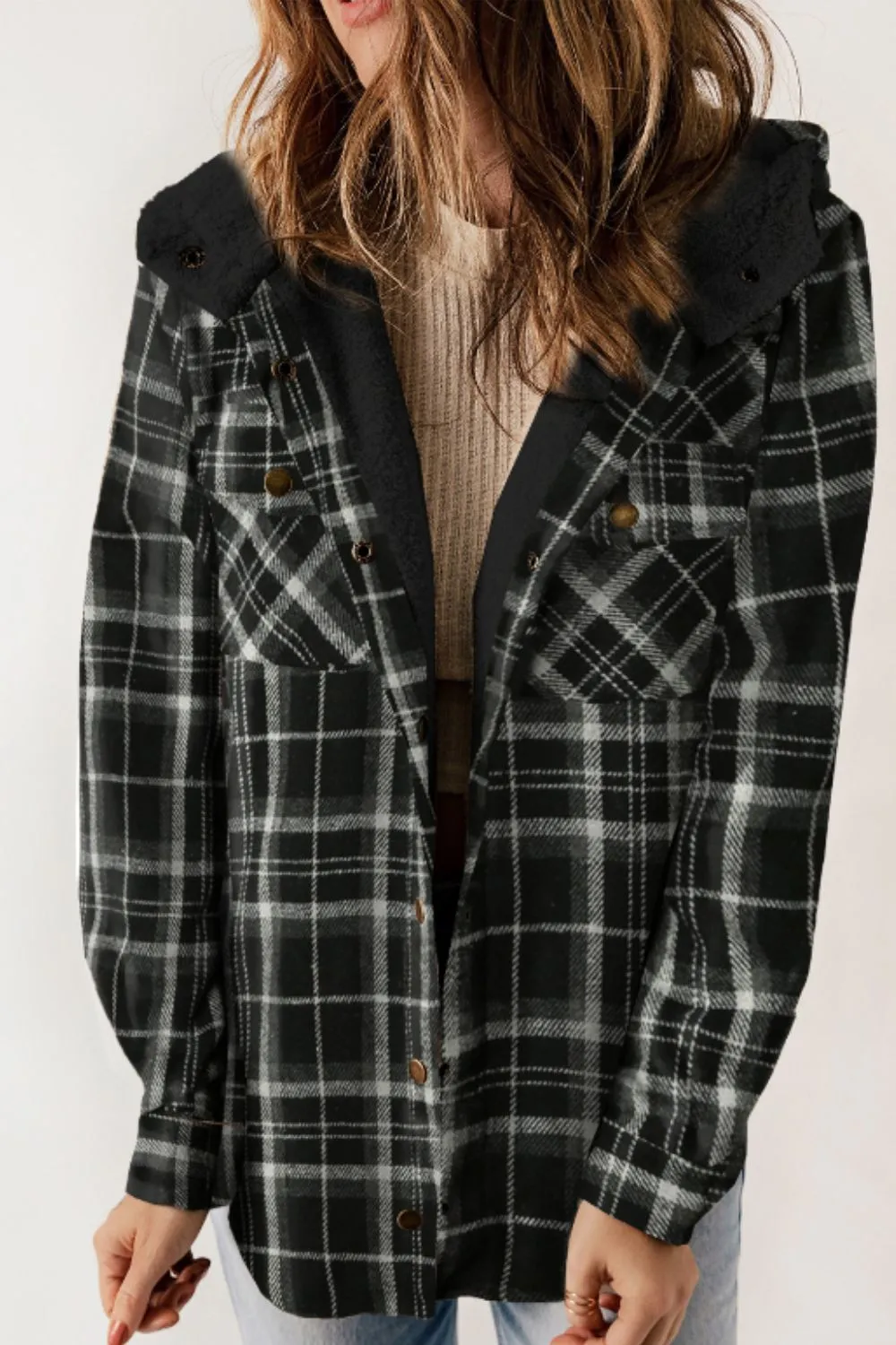 Plaid Button Up Long Sleeve Hooded Jacket