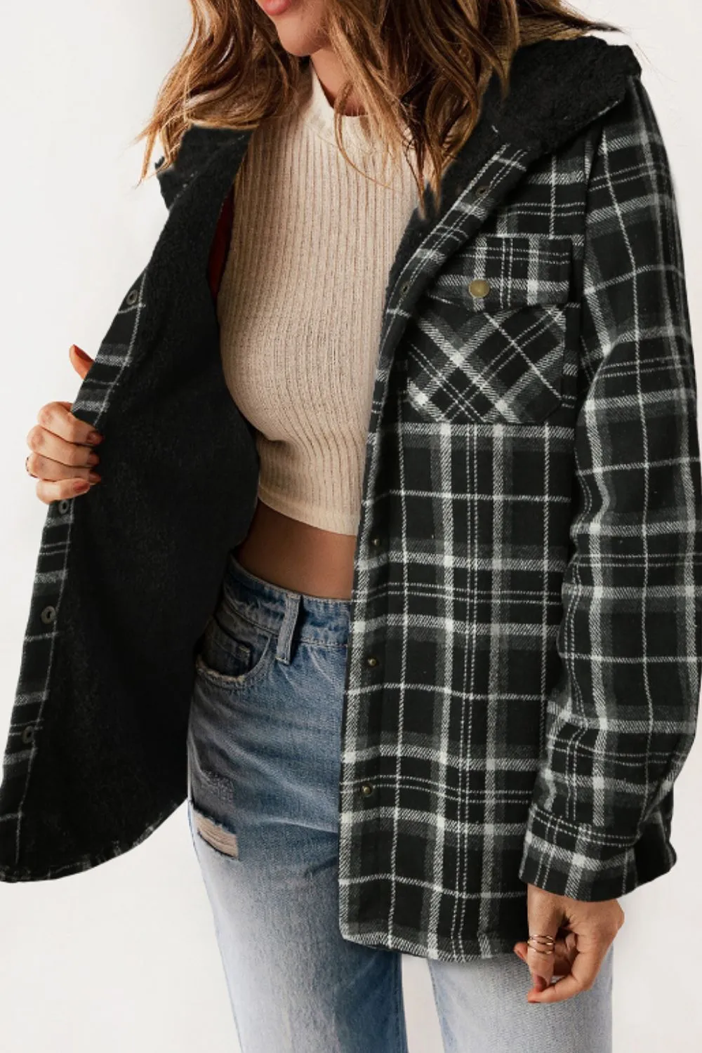 Plaid Button Up Long Sleeve Hooded Jacket