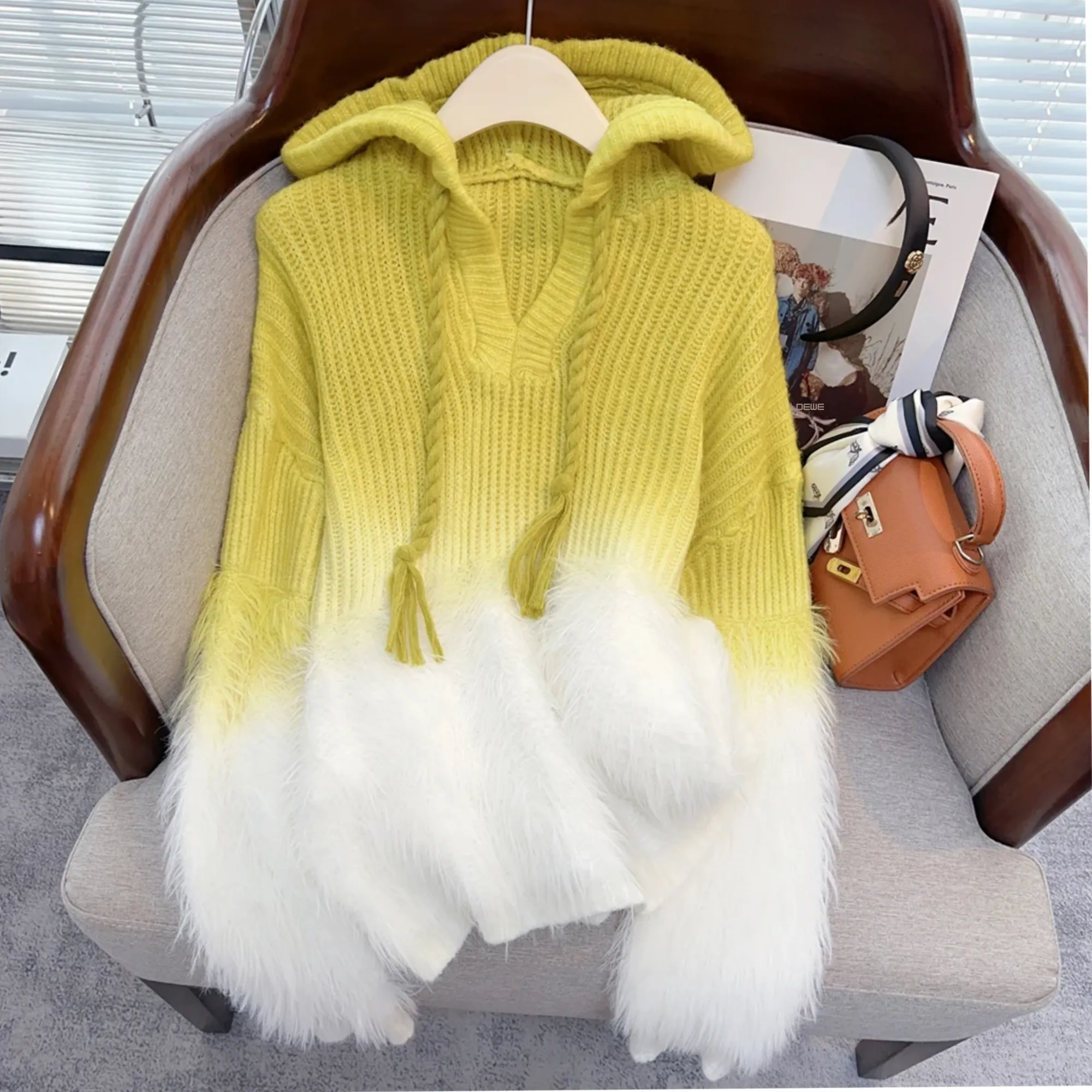 Pre Order:  Faux Fur Hooded Knit Sweater