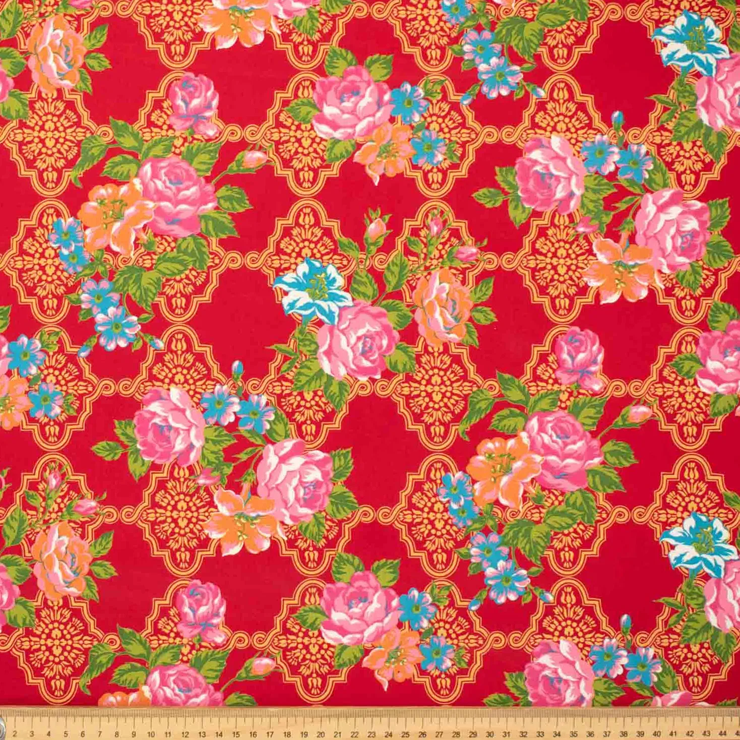 Printed Crepe Design-18 Vintage Chinese Traditional Pink & Orange Flowers on Red