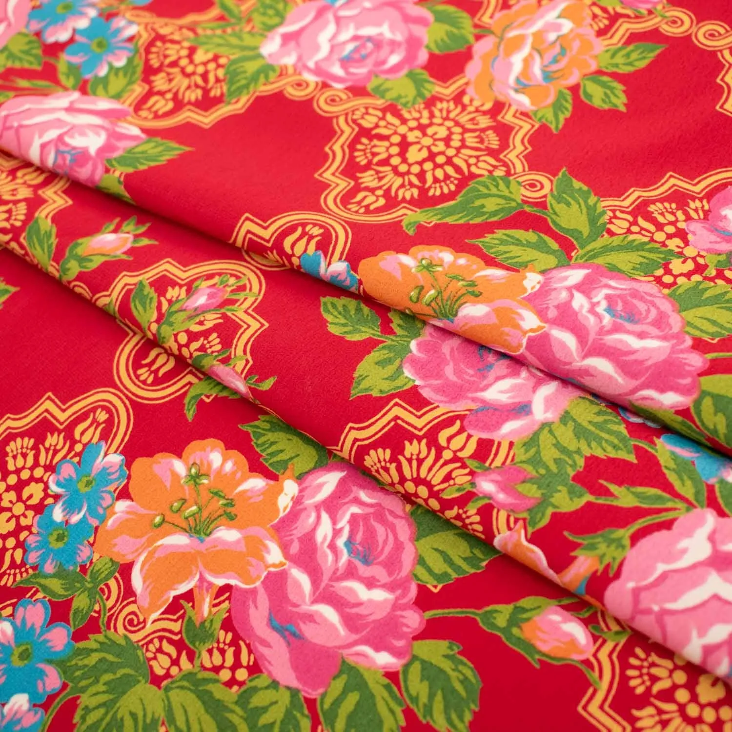 Printed Crepe Design-18 Vintage Chinese Traditional Pink & Orange Flowers on Red