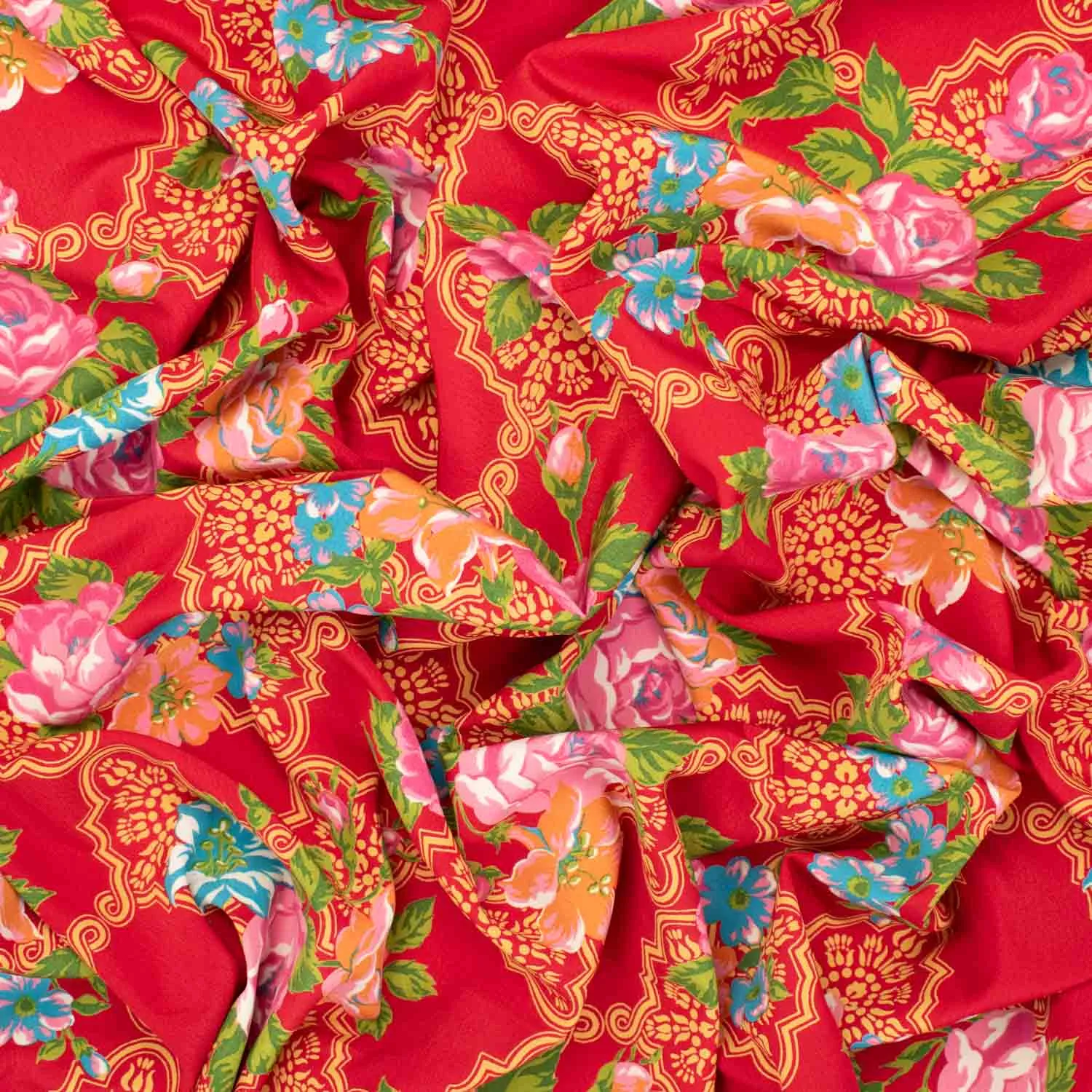 Printed Crepe Design-18 Vintage Chinese Traditional Pink & Orange Flowers on Red