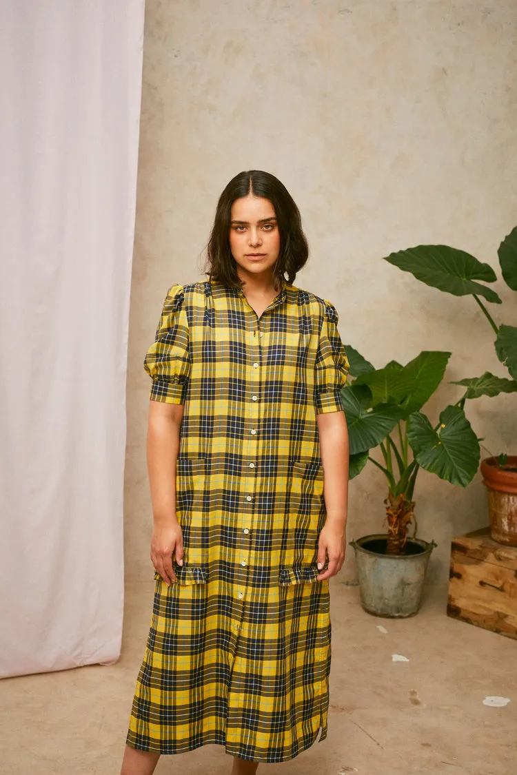 Rosa Puff Sleeve Shirtdress in Yellow Check Lyocell/ Cotton by Saywood