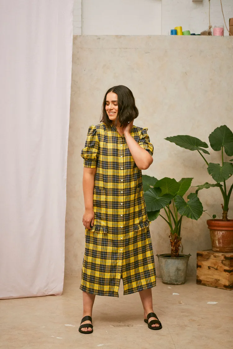 Rosa Puff Sleeve Shirtdress in Yellow Check Lyocell/ Cotton by Saywood