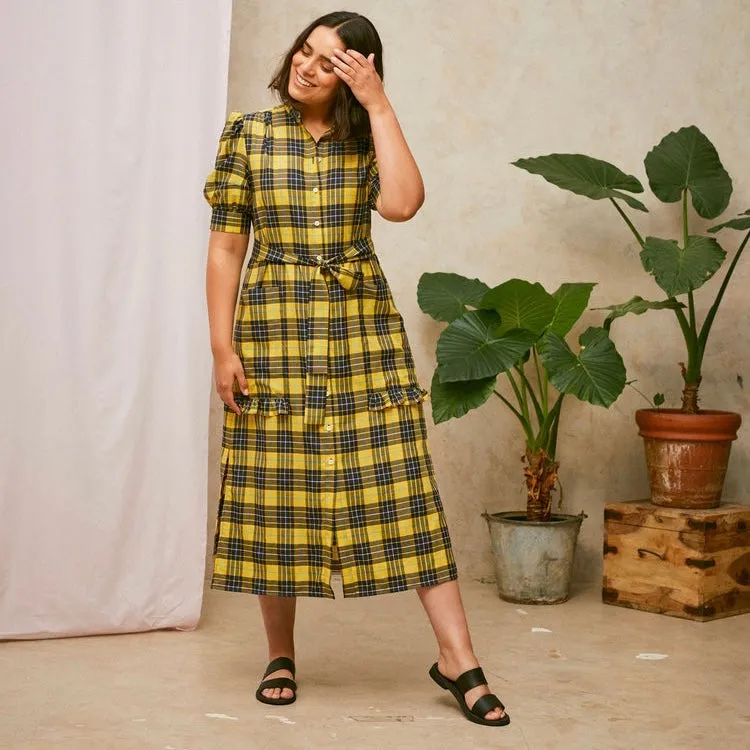 Rosa Puff Sleeve Shirtdress in Yellow Check Lyocell/ Cotton by Saywood