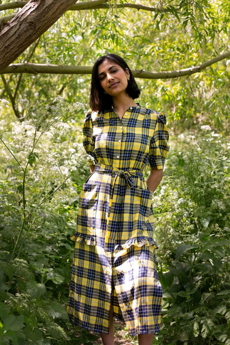 Rosa Puff Sleeve Shirtdress in Yellow Check Lyocell/ Cotton by Saywood