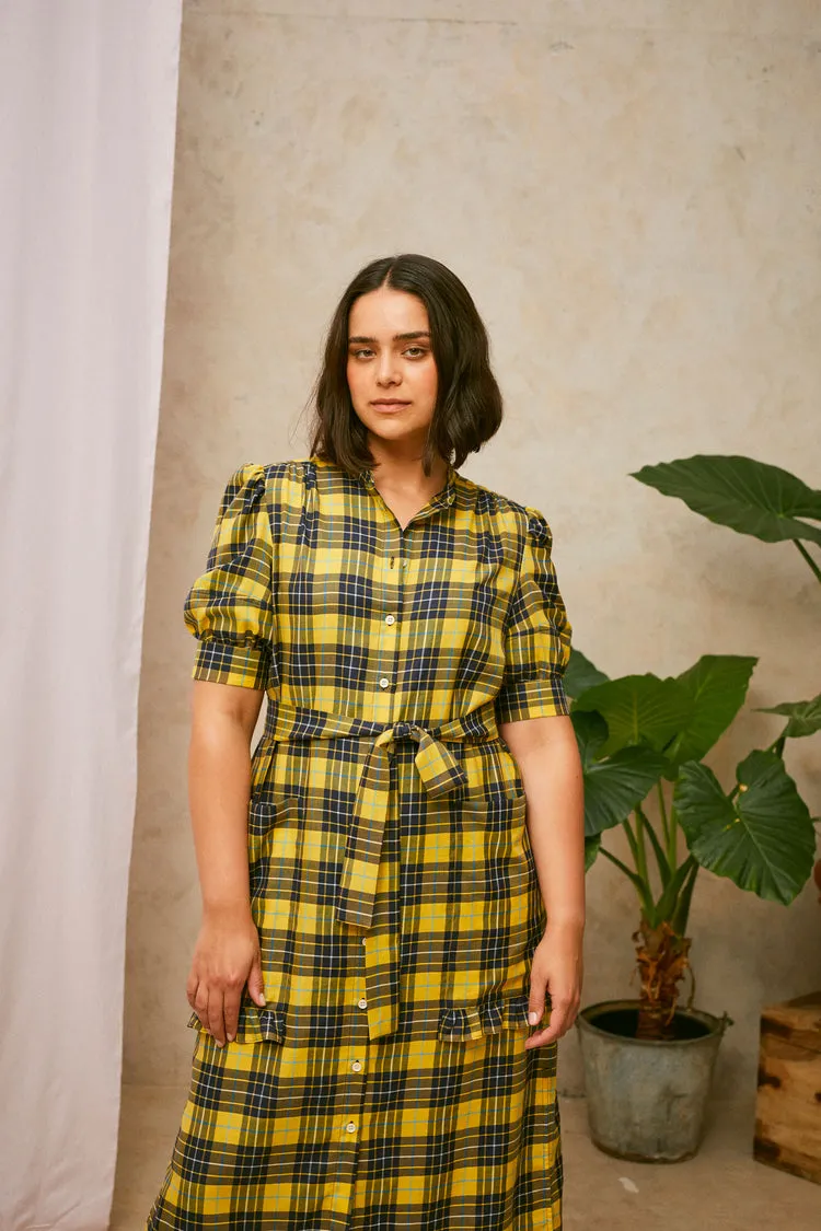 Rosa Puff Sleeve Shirtdress in Yellow Check Lyocell/ Cotton by Saywood