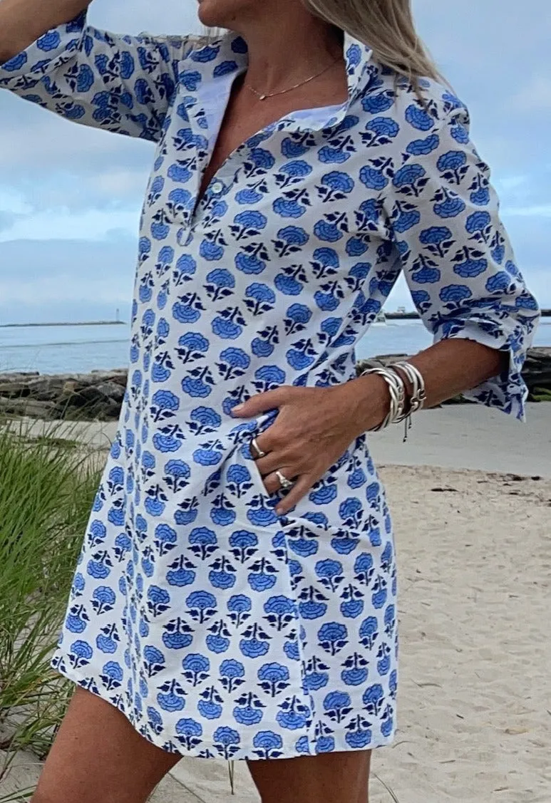 Sconset Block Print Shirt Dress (Blue)